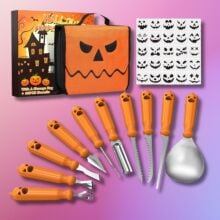 Halloween pumpkin carving kit on a pink gradient background