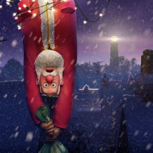 Santa Claus hanging upside down.