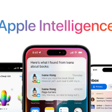 A row of iPhones showing off Apple Intelligence features, with the words "Apple Intelligence" above them.