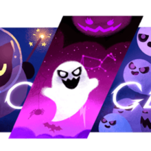 Google's Halloween Google Doodle artwork for 2024, featuring a cat wielding a wand at several ghosts.