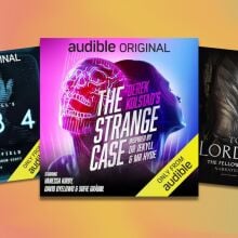 three audible covers for 1984, The Strange Case, and The Lord of the Rings layered on a orange background