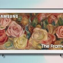 75-inch samsung the frame tv on a light pink and light blue gradient background