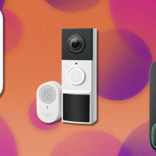 three video doorbells on a pink, orange, and purple background