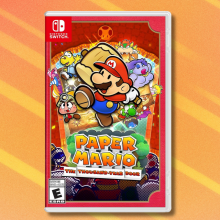 Paper Mario: The Thousand Year Door on orange and white abstract background