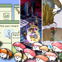 A composite of images from several indie games. From left to right: SEDAP! A Culinary Adventure; Identifile; Demonschool; Winter Burrow; and Dungeon Inn. Sushi from Wabisabi Sushi Derby run across the bottom of the image.