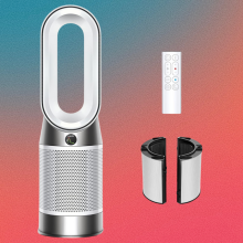 Dyson Hot+Cool purifier on a purple, peach and blue grain gradient