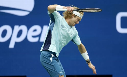 Andrey Rublev of Russia reacts against Grigor Dimitrov of Bulgaria during their Men's Singles Fourth Round match on Day Seven of the 2024 US Open