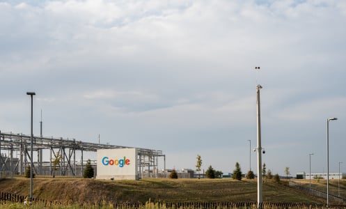 A Google sign outside a Nebraska data center. 