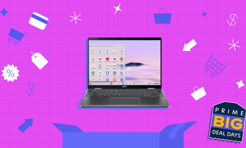 an acer chromebook above a blue box against a pink grid background surrounded by shopping icons