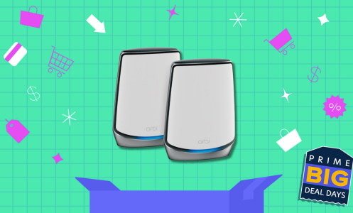 Two Netgear mesh WiFi routers on green grid backdrop with various shopping-related icons throughout