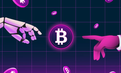 An illustration of a robot arm and human arm reaching out to touch a Bitcoin logo