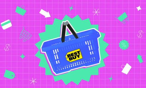 a blue shopping basket with the best buy logo on it against a green starburst icon on a pink background