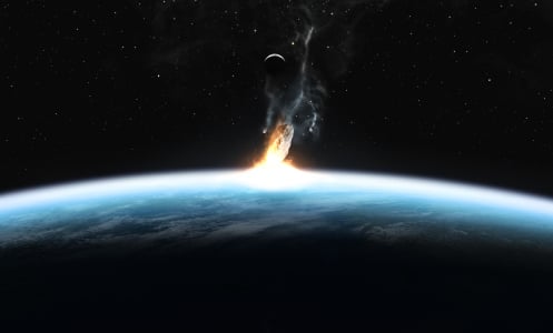 An artist's conception of a large space rock colliding with Earth.