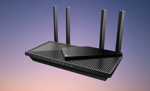 TP-Link AX3000 WiFi 6 Router on a pink/blue gradient background