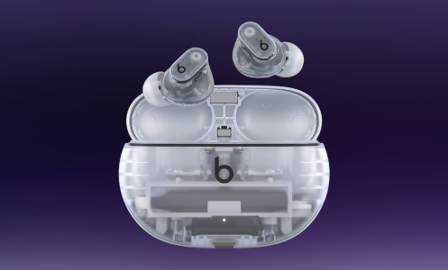 Beats Studio Buds + Transparent model on a purple gradient background