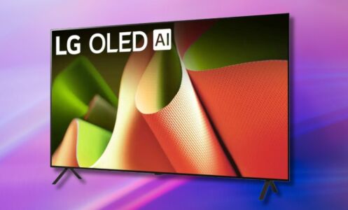 48-inch LG B4 4K OLED smart tv on a purple background