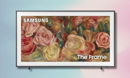 75-inch samsung the frame tv on a light pink and light blue gradient background