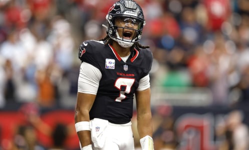 C.J. Stroud of the Houston Texans celebrates after a touchdown