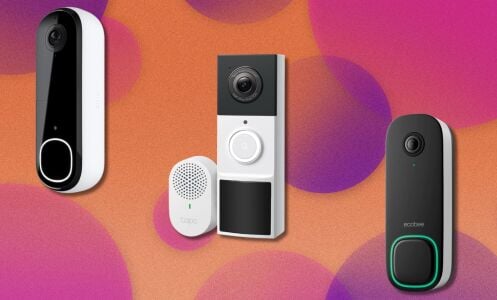 three video doorbells on a pink, orange, and purple background