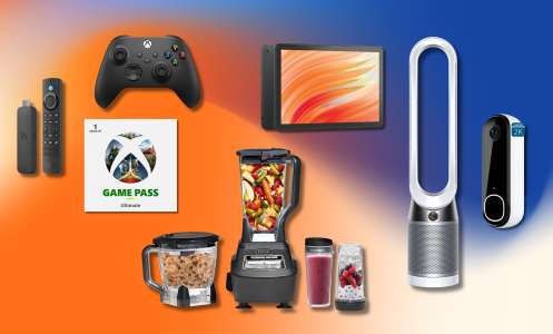 blue and orange background with Xbox Fire TV Stick bundle, Arlo doorbell, Dyson fan, and Ninja blender 