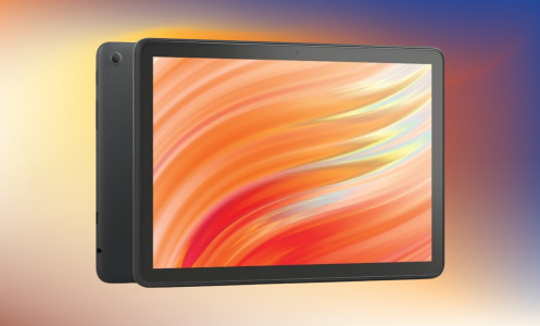 Amazon Fire HD 10 tablet on a blue, peach and yellow gradient background