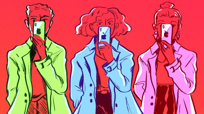 illustration: three figures against red background in green, blue, and pink pastel suits