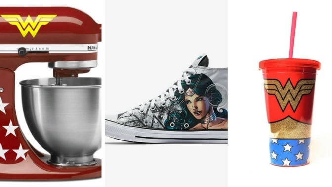 A Wonder Woman KitchenAid stand mixer, a canvas Wonder Woman high-top sneaker, and a Wonder Woman-branded cup with a lid and straw. 