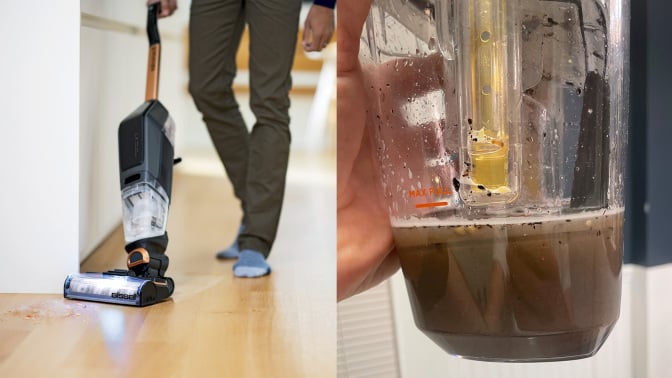 full-length shot of the vacuum and close-up of the dirty water tank