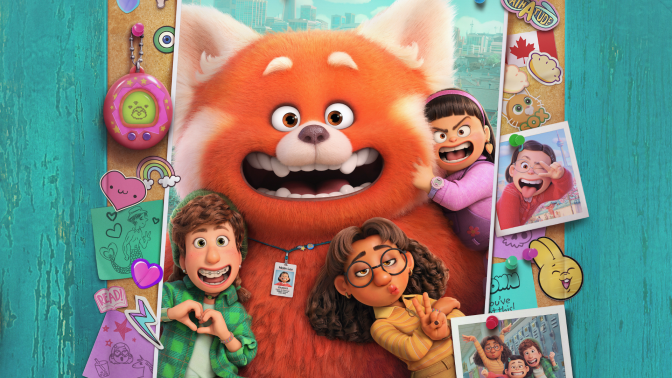 A promotional image from Turning Red of Mei, in panda form, and her squad: Miriam, Priya, and Abby.