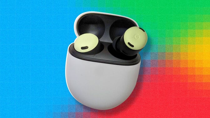 Google Pixel Buds Pro over rainbow background