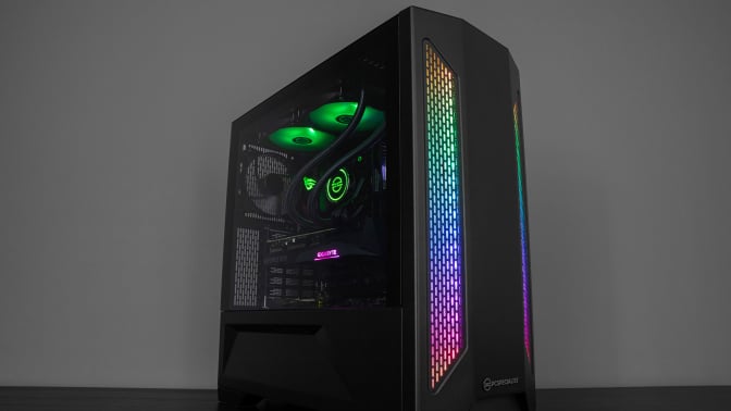 A PC computer with rainbow lights.