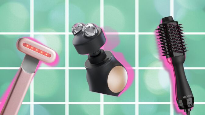 the solawave red light wand, theraface PRO, and revlon one-step brush on a green grid background with pink shadowing