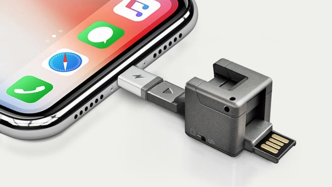 WonderCube being plugged into an iPhone