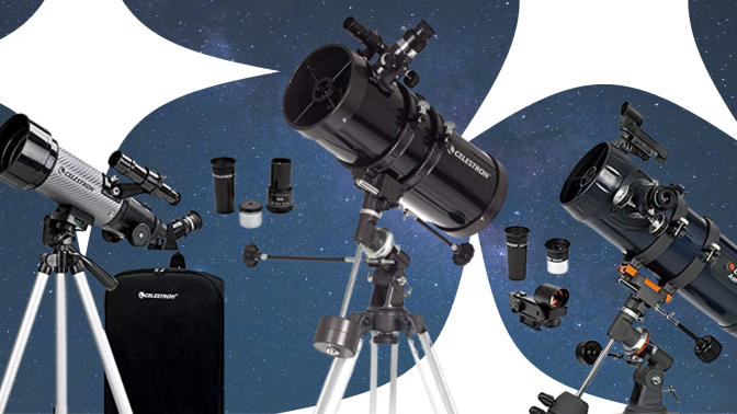 Discounted Celestron telescopes overlayed on a background of stars and galaxy