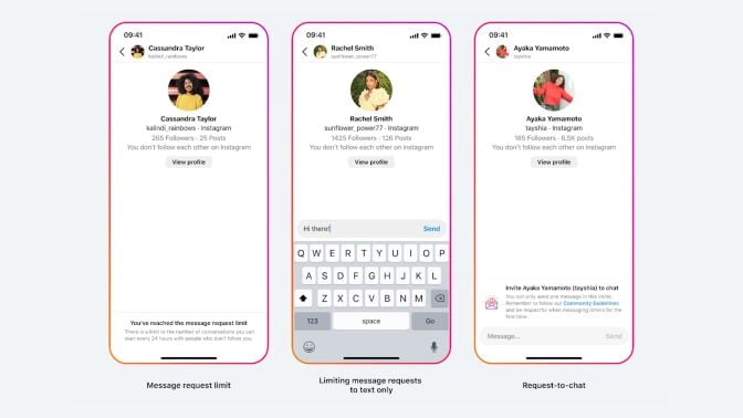 Three screenshots of phones displaying Instagram and Messenger.