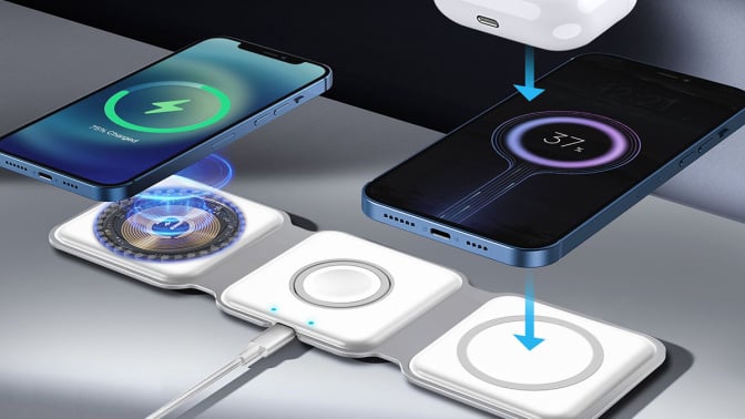 The MagStack portable charging station with two phones and an AirPods case hovering over it.