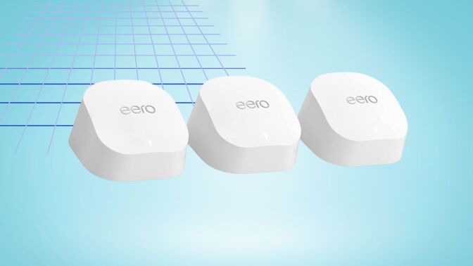 eero mesh wifi system units on blue background with geometric shape