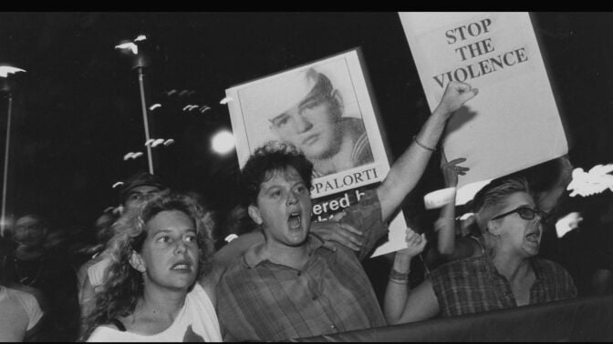 Archival photos of protesters, seen in "Last Call: When a Serial Killer Stalked Queer New York"