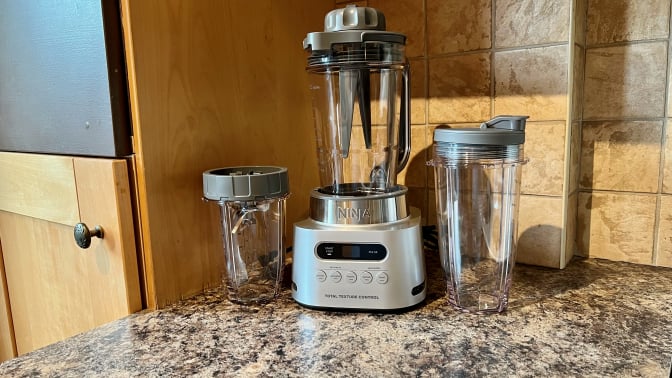 ninja blender on countertop in sunlight