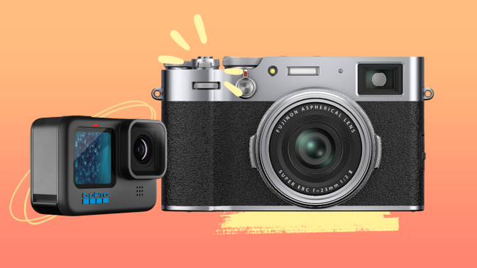 two cameras on yellow-orange background with accent marks