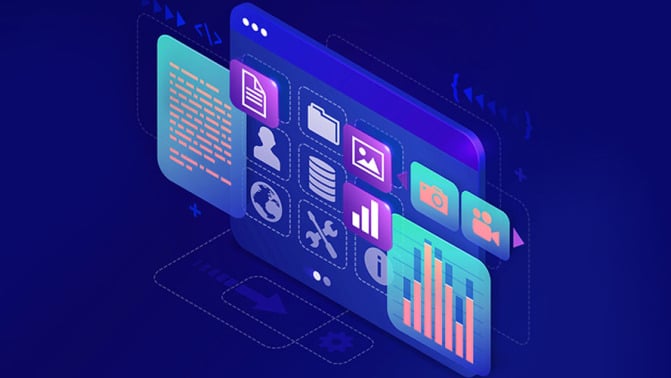 graphic of a computer screen displaying graphs and icons