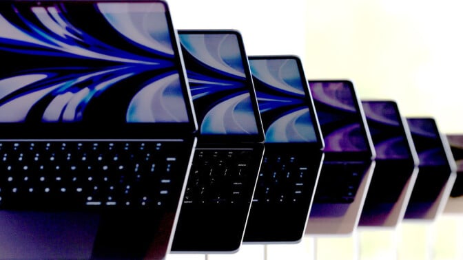 Brand new redesigned MacBook Air laptops are displayed during the WWDC22 at Apple Park on June 6, 2022 in Cupertino, California.