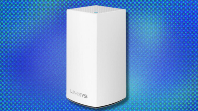 The Linksys Wi-Fi router in a white color overlaid on a blueish background