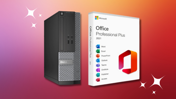 Dell Optiplex desktop computer with Microsoft Office software against a red and pink gradient background