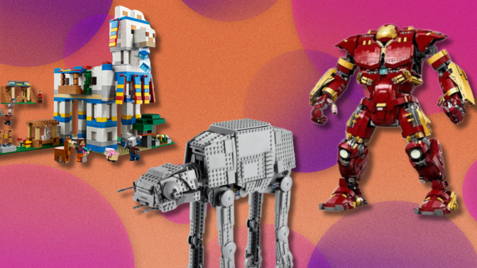 Lego sets featuring Minecraft, Star Wars, and Marvel characters overlaid on a colorful background