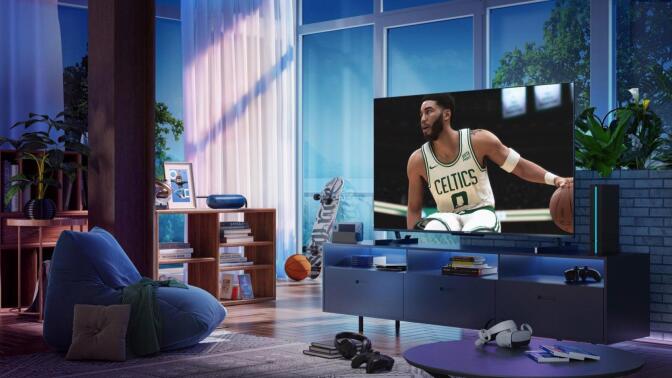 U8K TV with Celtics Player on Screen Lifestyle Image in Living Room 