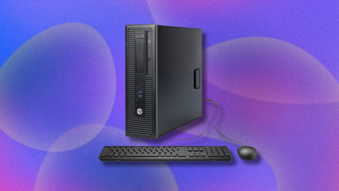 The HP ProDesk 600 G1 SFF i7-4770 desktop overlaid on a purplish background