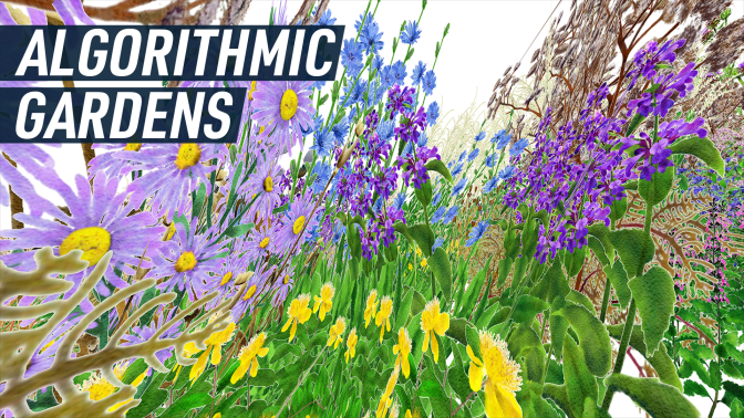 A colourful render shows an illustrated POV of a pollinator as it flows through a garden patch. Caption reads "Algorithmic gardens/"