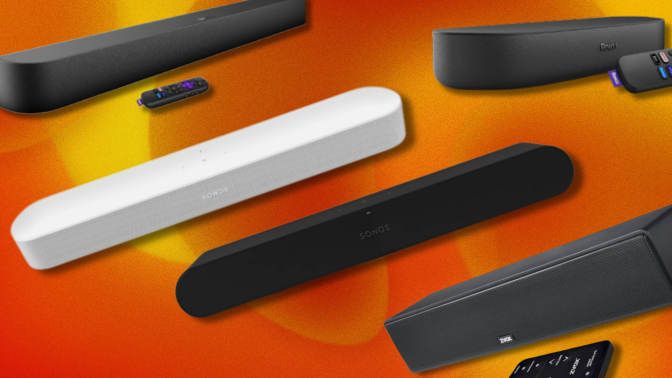 Soundbars from Roku, Sonos, and ZVOX on a yellow-orange swirly background