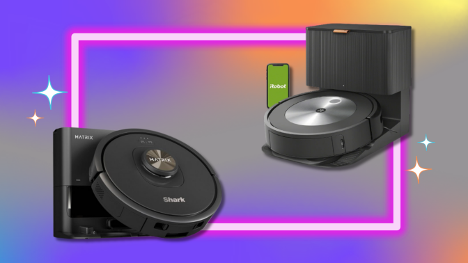 Shark Matrix and Roomba self-emptying robot vacuums on gray background with colorful graphics